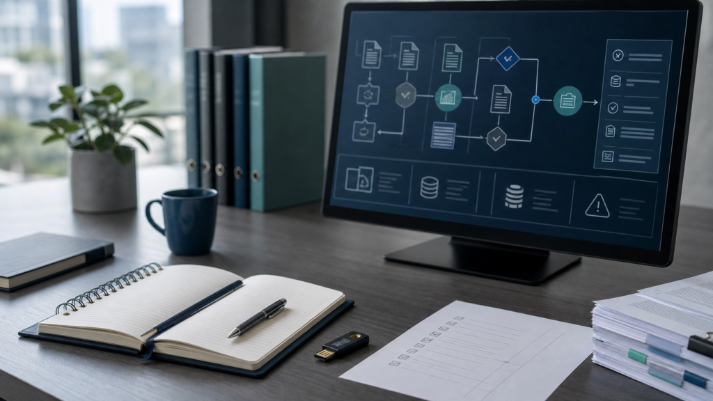 AI automation audit workspace with approval workflow, risk checkpoints, notebook, and security key.
