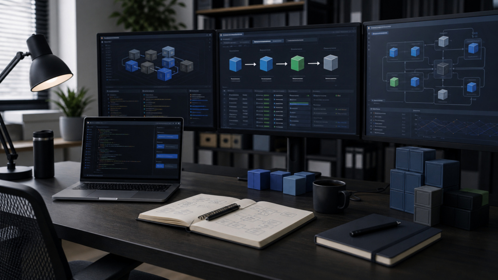 Engineering desk with container workflow diagrams, deployment stages, laptop, and review notes.