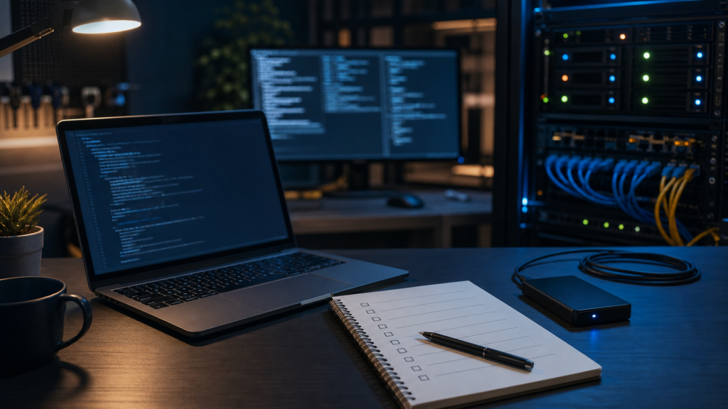 Linux server maintenance desk with terminal displays, server rack, backup drive, and checklist.
